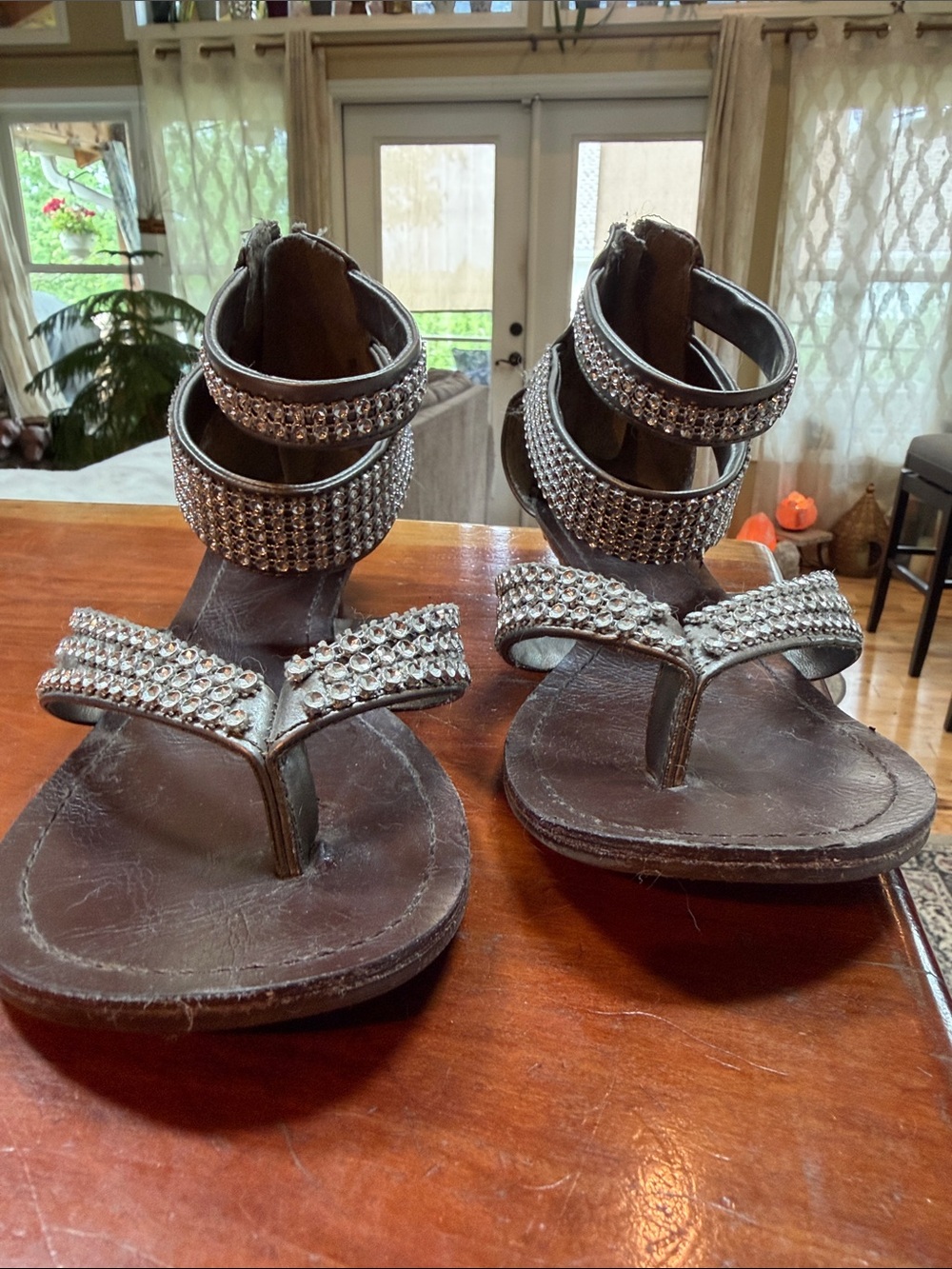 SM New York Brown Gladiator Sandals with Crystal Straps